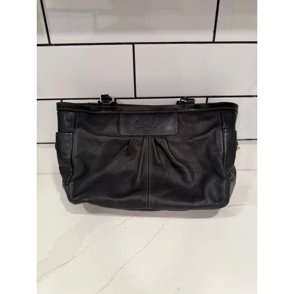 Coach Penelope Black Leather Pleated Shopper Tote Bag Silver Hardware
